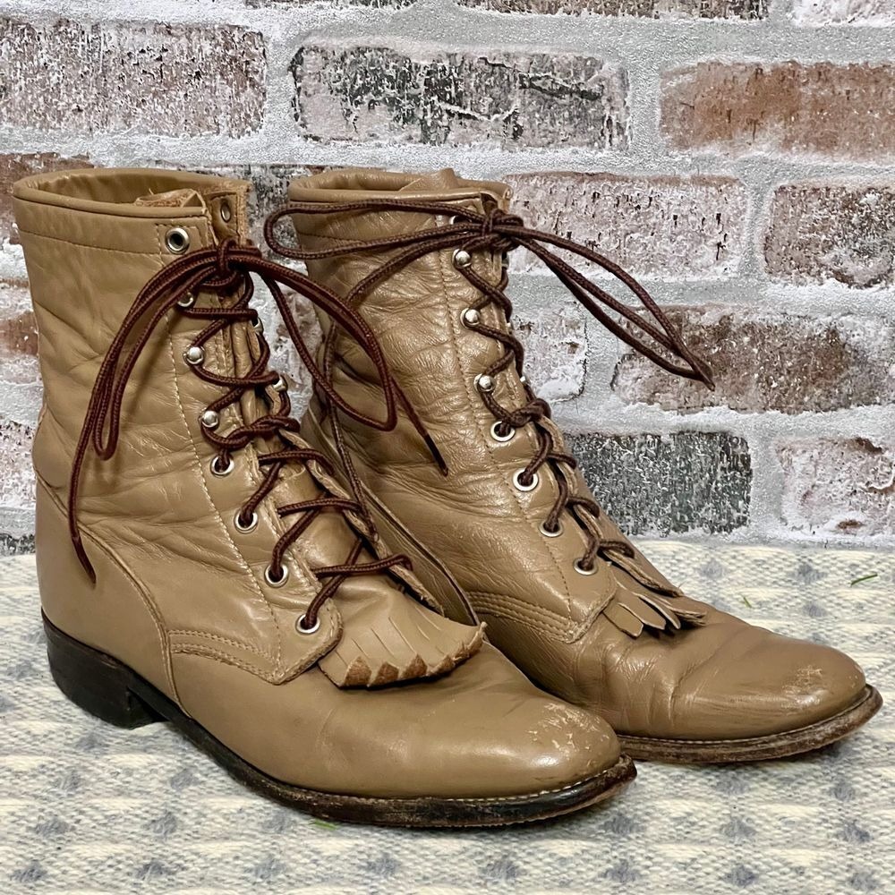 Vtg Justin Leather Lace-up Roper Boots Western Cowgirl‎ Kiltie Fringe Tan 7B